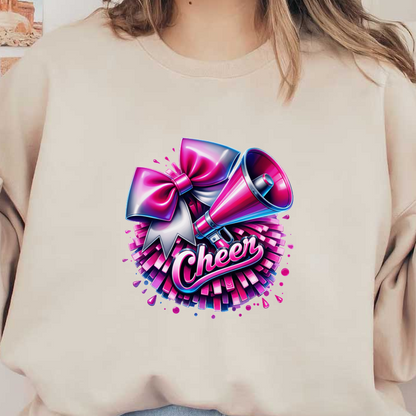 A vibrant graphic featuring a cheerleading megaphone, pink bows, and a cheerful "Cheer" design, perfect for spirited events.DTF Transfers heat press transfers