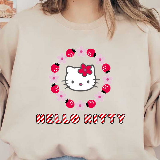 Bright and cheerful Hello Kitty logo surrounded by flowers and strawberries, perfect for fans of this iconic character!DTF Transfers