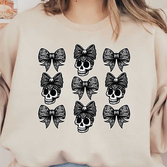A striking graphic featuring eight black and white skulls adorned with intricate lace bows, perfect for a gothic aesthetic. heat press transfers