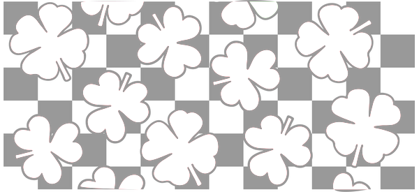 A playful pattern of white four-leaf clovers scattered over a black background, symbolizing luck and positivity.UV Transfers dtf transfers