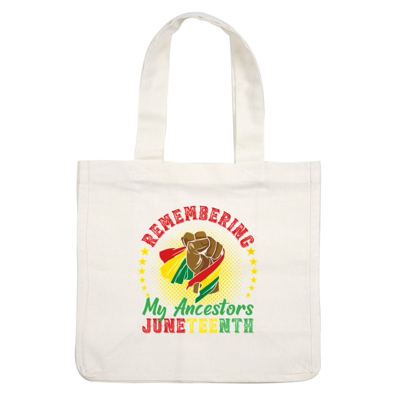 Celebrate Juneteenth with this vibrant graphic honoring ancestors, featuring a raised fist and colorful African-inspired stripes.dtf regular iron