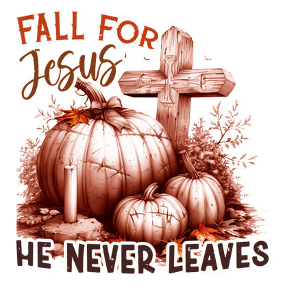 A warm autumn-themed graphic featuring pumpkins and a cross, with the message “Fall for Jesus, He Never Leaves.”dtf regular iron