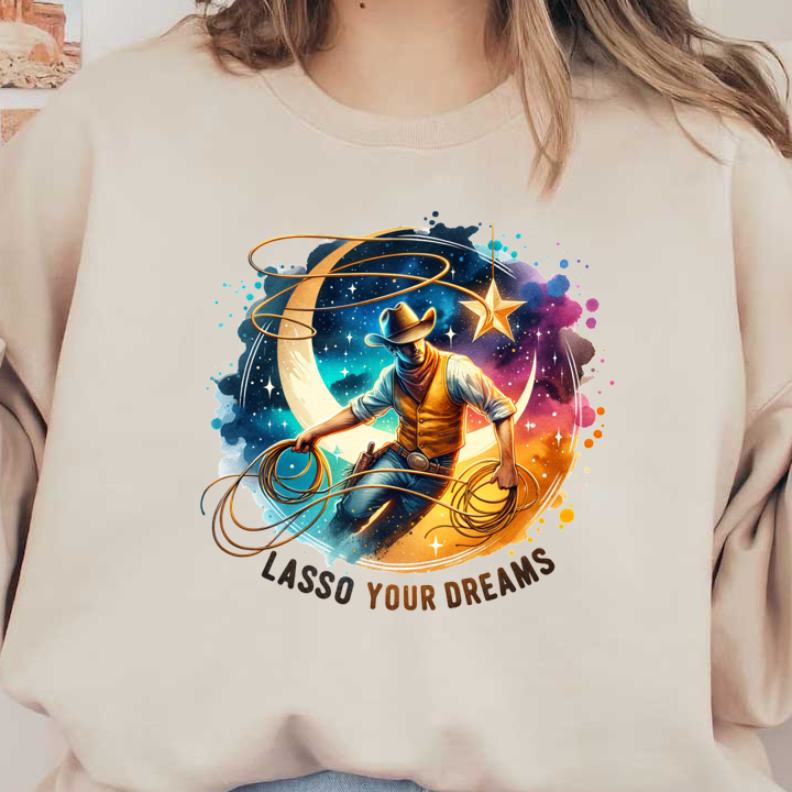 Una vibrante ilustración de un vaquero enlazando estrellas contra un fondo cósmico, acompañada de la inspiradora frase "Ata tus sueños".