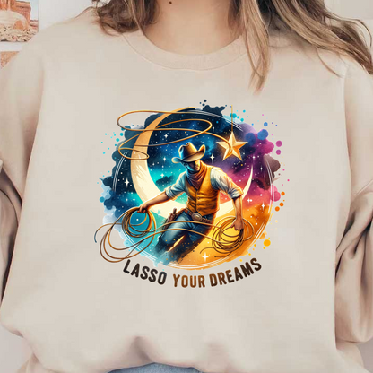 Una vibrante ilustración de un vaquero enlazando estrellas contra un fondo cósmico, acompañada de la inspiradora frase "Ata tus sueños".