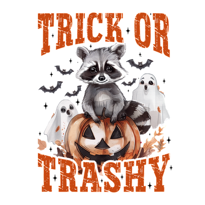 A playful Halloween graphic featuring a raccoon sitting on a pumpkin, surrounded by ghostly figures and the phrase "Trick or Trashy." heat press transfers