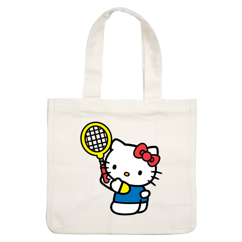 Hello Kitty is playfully holding a yellow magnifying glass, wearing a blue dress and her signature red bow, with a friendly expression.DTF Transfers