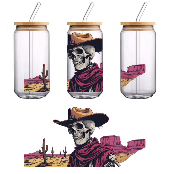 A cool skeleton cowboy in a wide-brimmed hat and red bandana stands confidently in a desert landscape.UV Transfers heat press transfers