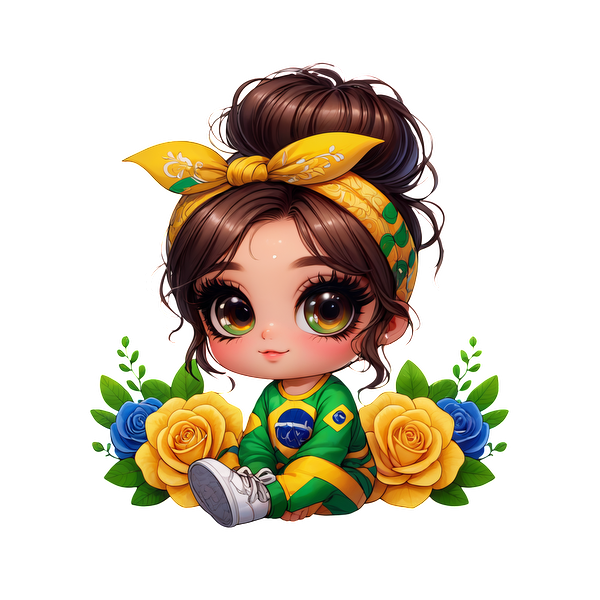 A cute, chibi-style girl in a green and yellow outfit with a headband, surrounded by blue and yellow roses.DTF Transfers heat press transfers