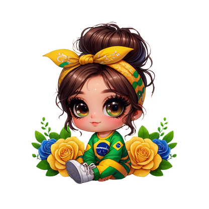 A cute, chibi-style girl in a green and yellow outfit with a headband, surrounded by blue and yellow roses.DTF Transfers heat press transfers