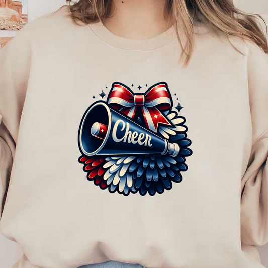 A vibrant cheerleading megaphone adorned with a festive bow and colorful pom-poms, celebrating team spirit and enthusiasm.DTF Transfersdtf regular iron