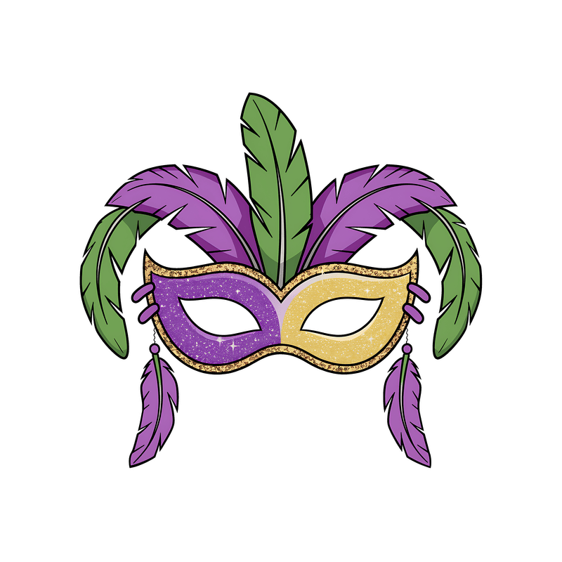 A vibrant and festive masquerade mask adorned with purple and green feathers, perfect for celebrations and masquerade balls.DTF Transfers