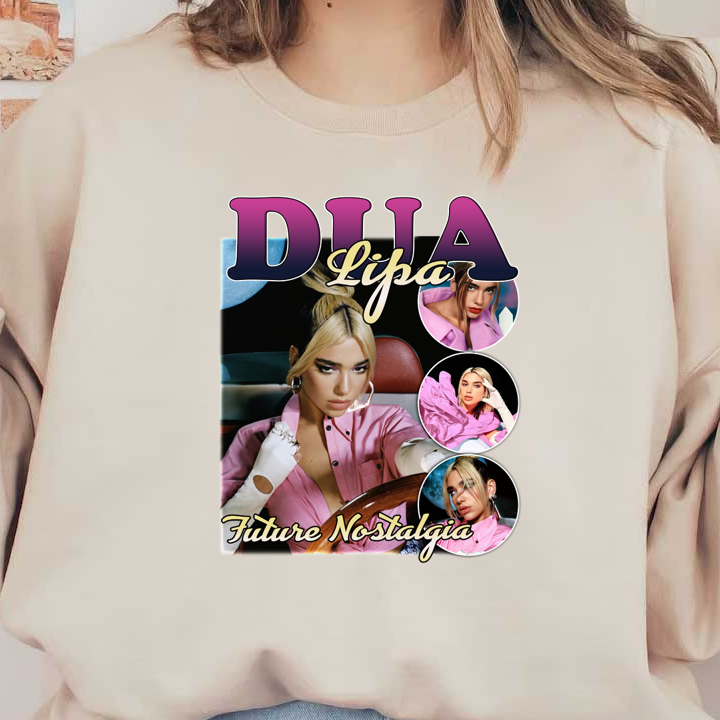 A stylish cover featuring Dua Lipa in a pink outfit, promoting her album "Future Nostalgia" with vibrant, eye-catching graphics.DTF Transfers dtf prints