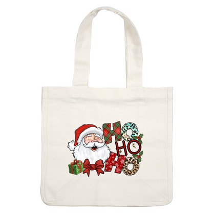 A festive design featuring Santa, bold "HO HO HO" letters in various patterns, and colorful holiday gifts adorned with bows.DTF Transfersdtf regular iron