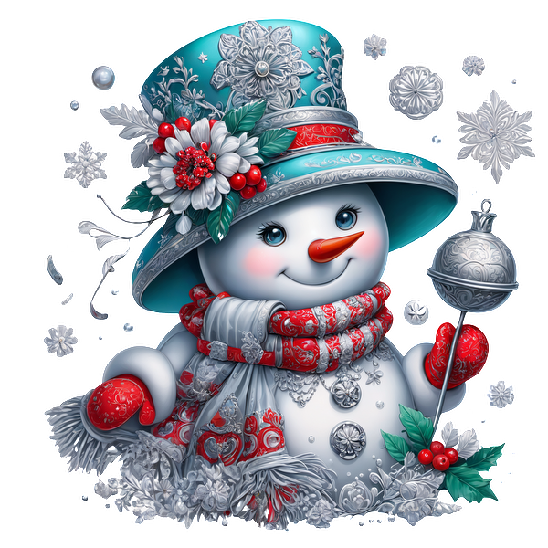 A cheerful snowman dressed in a decorated blue hat and a cozy red scarf, holding a silver bell amidst snowflakes.DTF Transfers heat press transfers