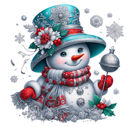 A cheerful snowman dressed in a decorated blue hat and a cozy red scarf, holding a silver bell amidst snowflakes.DTF Transfers heat press transfers