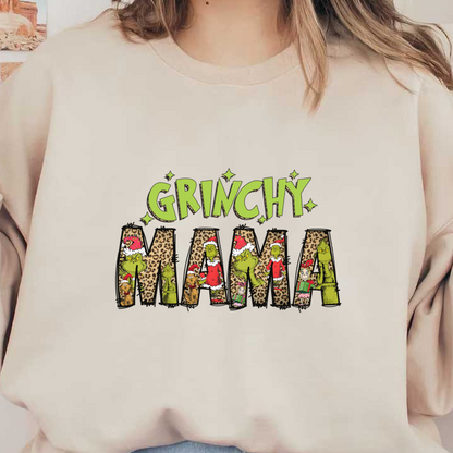 Embrace the holiday spirit with this fun "Grinchy Mama" design, featuring festive Grinch characters and a playful leopard print pattern!DTF Transfers dtf prints