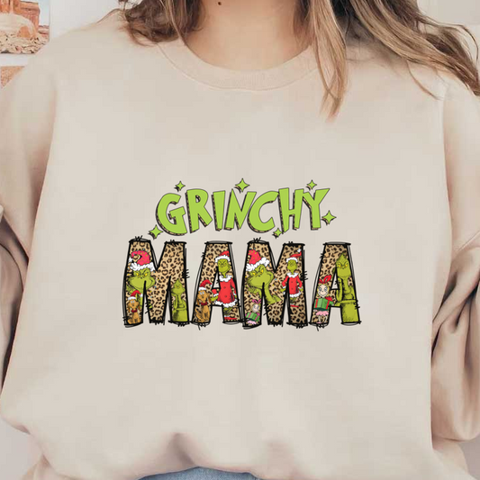 Embrace the holiday spirit with this fun "Grinchy Mama" design, featuring festive Grinch characters and a playful leopard print pattern!DTF Transfers dtf prints