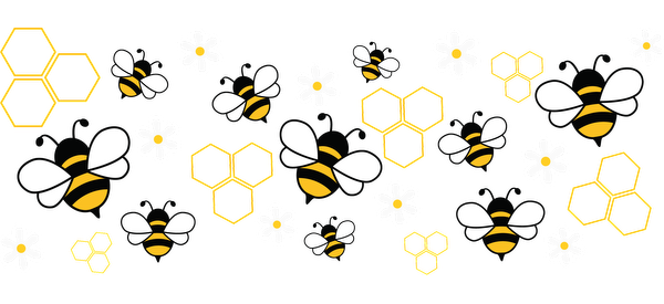 Un patrón divertido con abejas zumbando, panales de color amarillo vibrante y alegres flores blancas, perfecto para un diseño con temática de la naturaleza. Transferencias UV