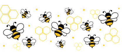 Un patrón divertido con abejas zumbando, panales de color amarillo vibrante y alegres flores blancas, perfecto para un diseño con temática de la naturaleza. Transferencias UV