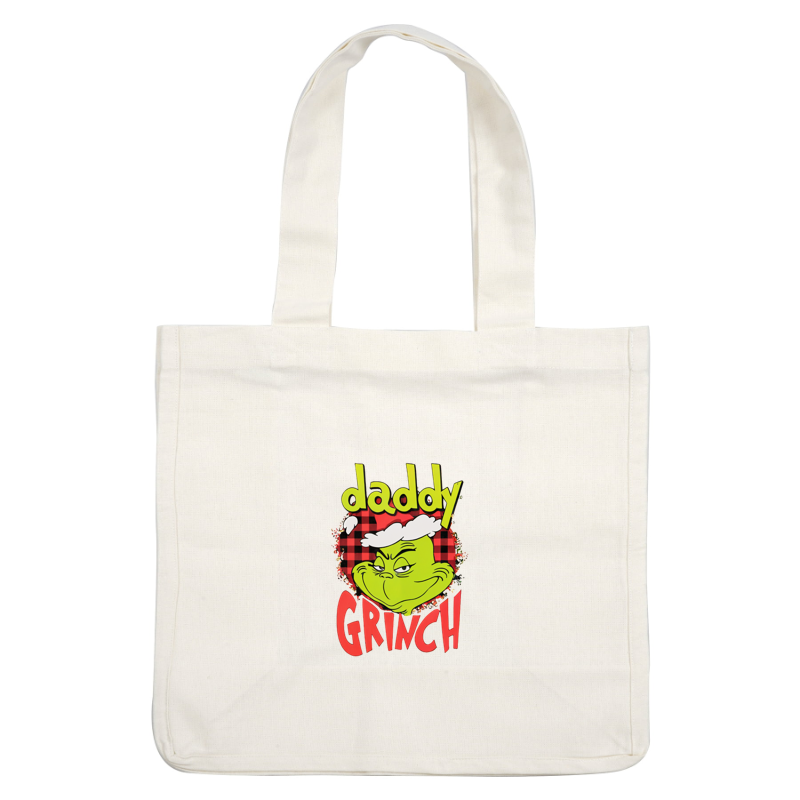 Playful "Daddy Grinch" graphic featuring the Grinch with a mischievous grin set against a red plaid background.DTF Transfers dtf prints