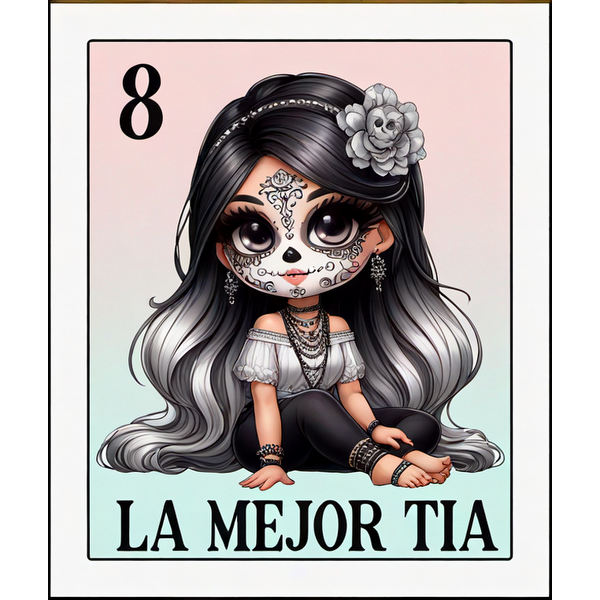 Esta encantadora ilustración presenta un personaje lindo y estilizado con un diseño de calavera de azúcar, en honor a "La Mejor Tía" con detalles intrincados.