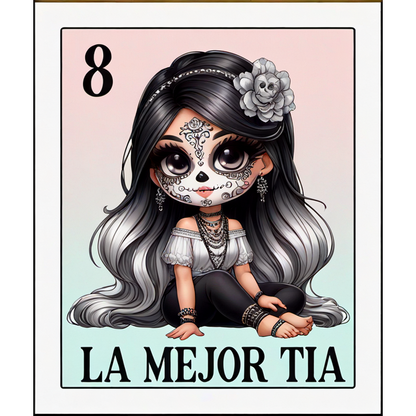 Esta encantadora ilustración presenta un personaje lindo y estilizado con un diseño de calavera de azúcar, en honor a "La Mejor Tía" con detalles intrincados.