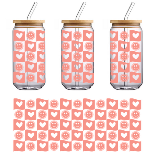 A charming pattern featuring cheerful smiley faces and heart shapes against a soft pink background, perfect for cute designs.UV Transfers heat press transfers