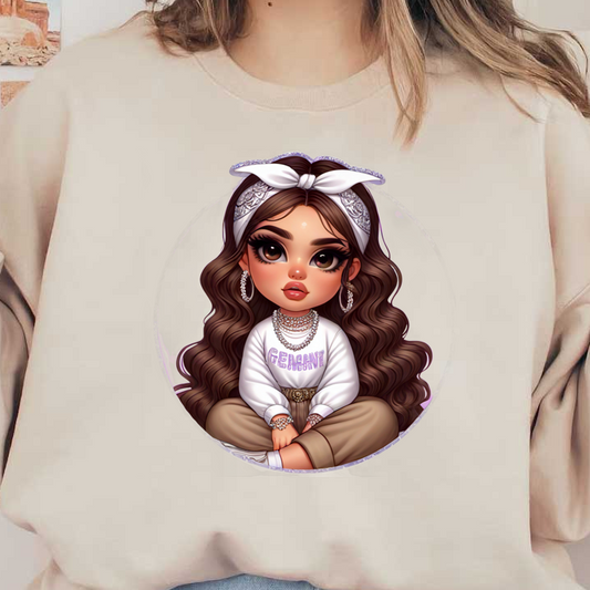 This whimsical illustration features a girl with long, wavy hair, wearing a cozy white sweater and stylish accessories.