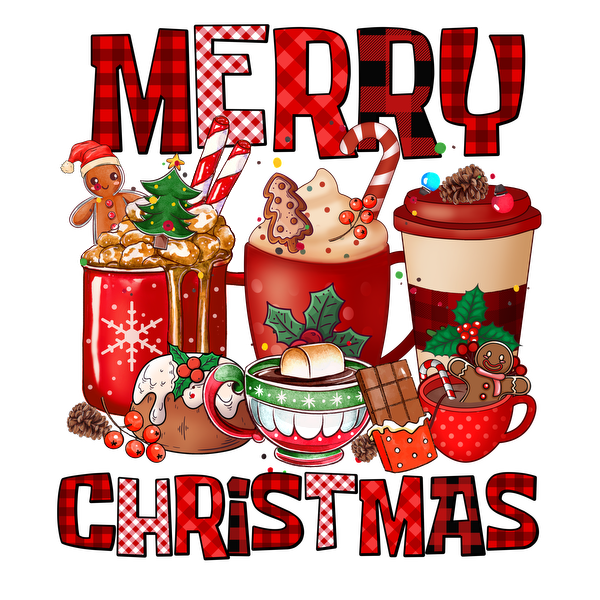 A festive arrangement showcasing various Christmas-themed drinks and treats, including mugs, candy canes, and decorations with a cheerful "Merry Christmas" design.dtf regular iron