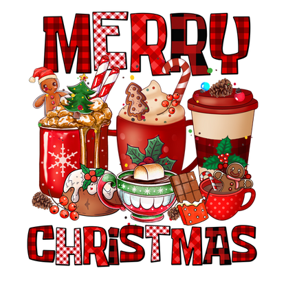 A festive arrangement showcasing various Christmas-themed drinks and treats, including mugs, candy canes, and decorations with a cheerful "Merry Christmas" design.dtf regular iron