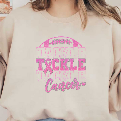 Un gráfico vibrante que presenta la frase "Tackle Cancer", adornado con una cinta rosa y un diseño de fútbol.