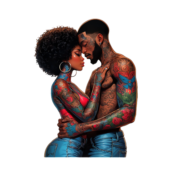 A vibrant digital illustration of a couple sharing an intimate moment, adorned with colorful tattoos and stylish outfits.DTF Transfers heat press transfers