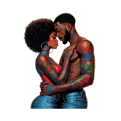 A vibrant digital illustration of a couple sharing an intimate moment, adorned with colorful tattoos and stylish outfits.DTF Transfers heat press transfers