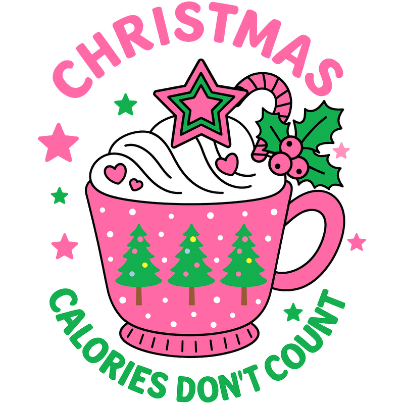 Cute pink Christmas mug filled with whipped cream, featuring trees and festive decorations!DTF Transfers