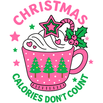 Cute pink Christmas mug filled with whipped cream, featuring trees and festive decorations!DTF Transfers