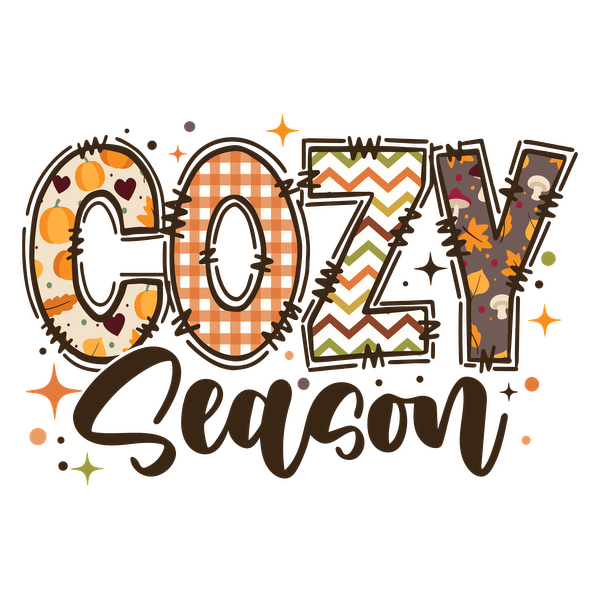 Warm and festive "Cozy Season" design featuring playful patterns in autumn colors, perfect for celebrating fall vibes!