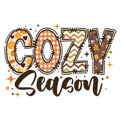 Warm and festive "Cozy Season" design featuring playful patterns in autumn colors, perfect for celebrating fall vibes!