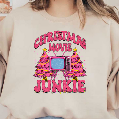 Celebrate the holiday spirit with this fun graphic featuring a retro TV, Christmas trees, and the phrase "Christmas Movie Junkie." dtf prints