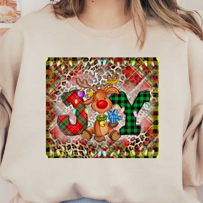 A cheerful cartoon reindeer wearing a festive collar holds a blue gift, surrounded by "JOY" letters and colorful lights.DTF Transfers dtf transfers