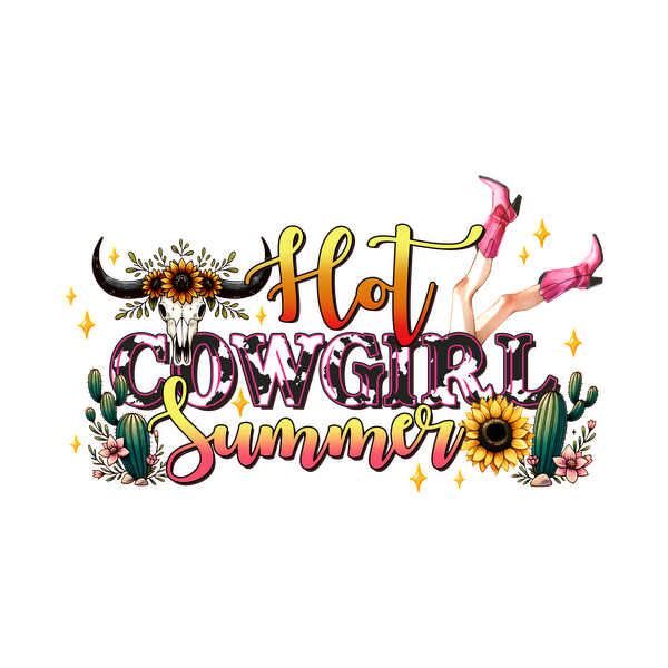 Un diseño vibrante y divertido que presenta "Hot Cowgirl Summer", con acentos florales, cactus y una estética vaquera caprichosa.