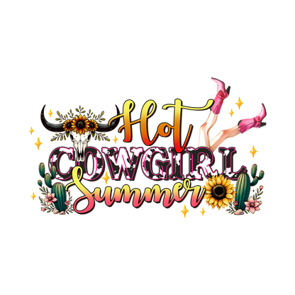 Un diseño vibrante y divertido que presenta "Hot Cowgirl Summer", con acentos florales, cactus y una estética vaquera caprichosa.