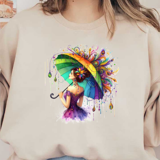 A vibrant, artistic illustration featuring a colorful umbrella adorned with peacock feathers, complementing the elegant figure in a purple dress.DTF Transfers