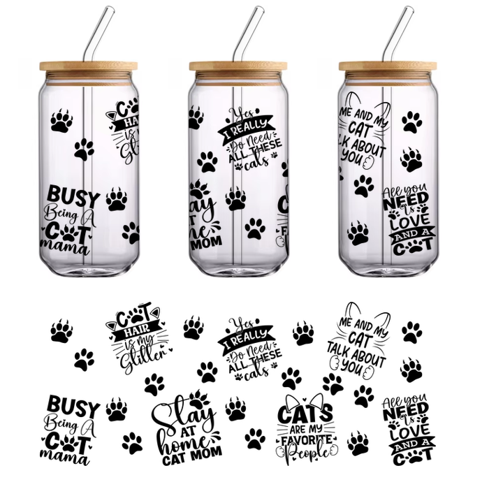 Una silueta negra minimalista de un gato, que muestra su postura elegante y sus características distintivas. Transferencias UV