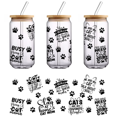 Una silueta negra minimalista de un gato, que muestra su postura elegante y sus características distintivas. Transferencias UV