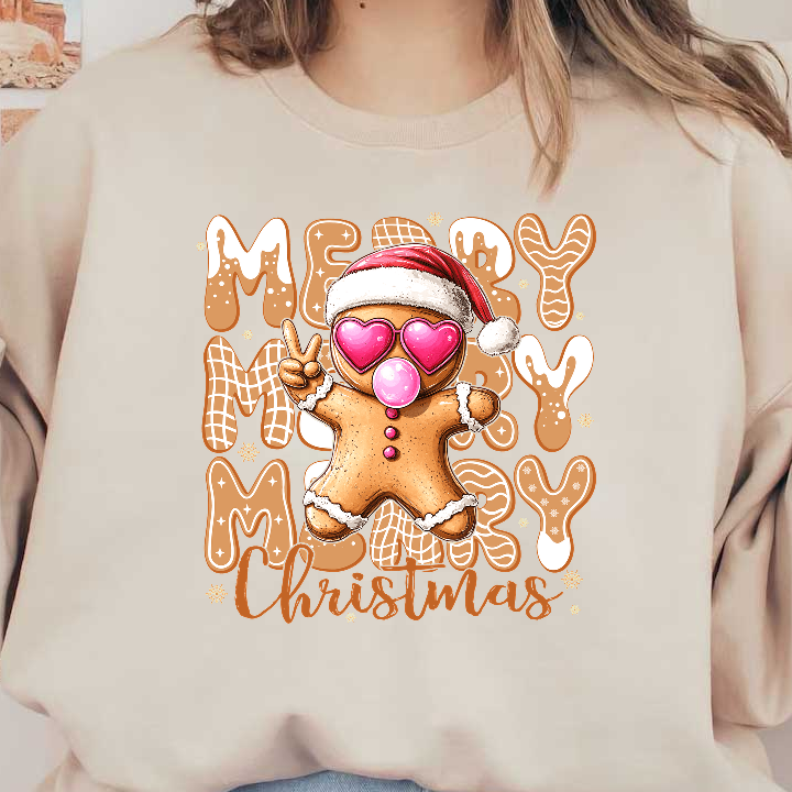 A cheerful gingerbread man in sunglasses and Santa hat wishes "Merry Christmas!"DTF Transfers