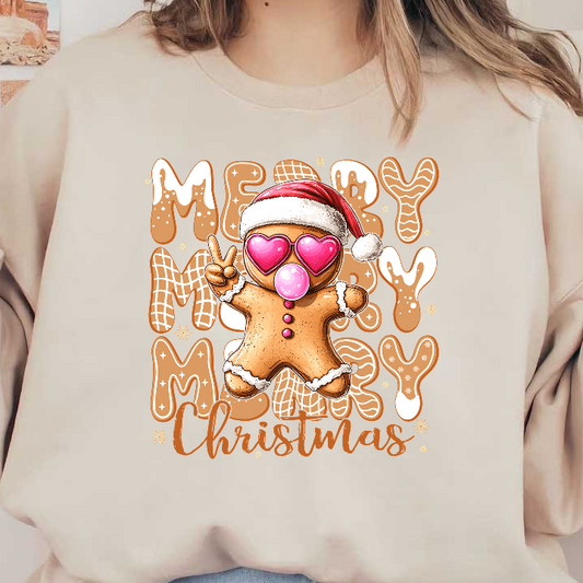 A cheerful gingerbread man in sunglasses and Santa hat wishes "Merry Christmas!"DTF Transfers