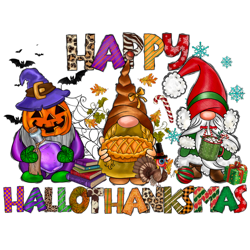 Celebrate the festive spirit with adorable gnomes, a pumpkin, and vibrant "Happy Hallothankmas" lettering, combining Halloween and Christmas cheer!DTF Transfers dtf prints