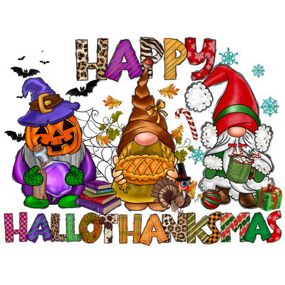 Celebrate the festive spirit with adorable gnomes, a pumpkin, and vibrant "Happy Hallothankmas" lettering, combining Halloween and Christmas cheer!DTF Transfers dtf prints