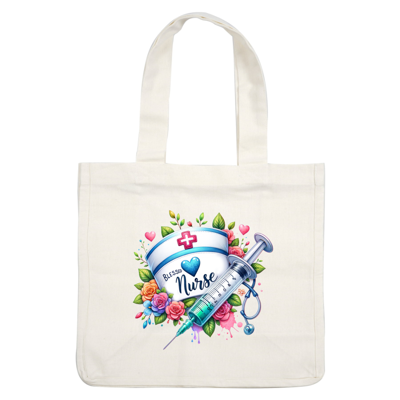 A vibrant illustration celebrating nurses, featuring a nurse's cap, a syringe, and colorful floral accents with the phrase "Blessed Nurse."DTF Transfers