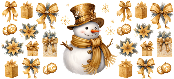 A cheerful snowman in a golden top hat and scarf, surrounded by festive gifts, bows, and winter decorations in gold and silver.UV Transfers heat press transfers